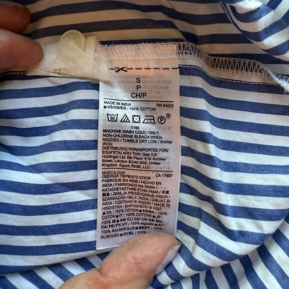 Gap Womens Blue & White Striped Long Sleeve Blouse S 100% Cotton Ruffle Neckline - Picture 7 of 10